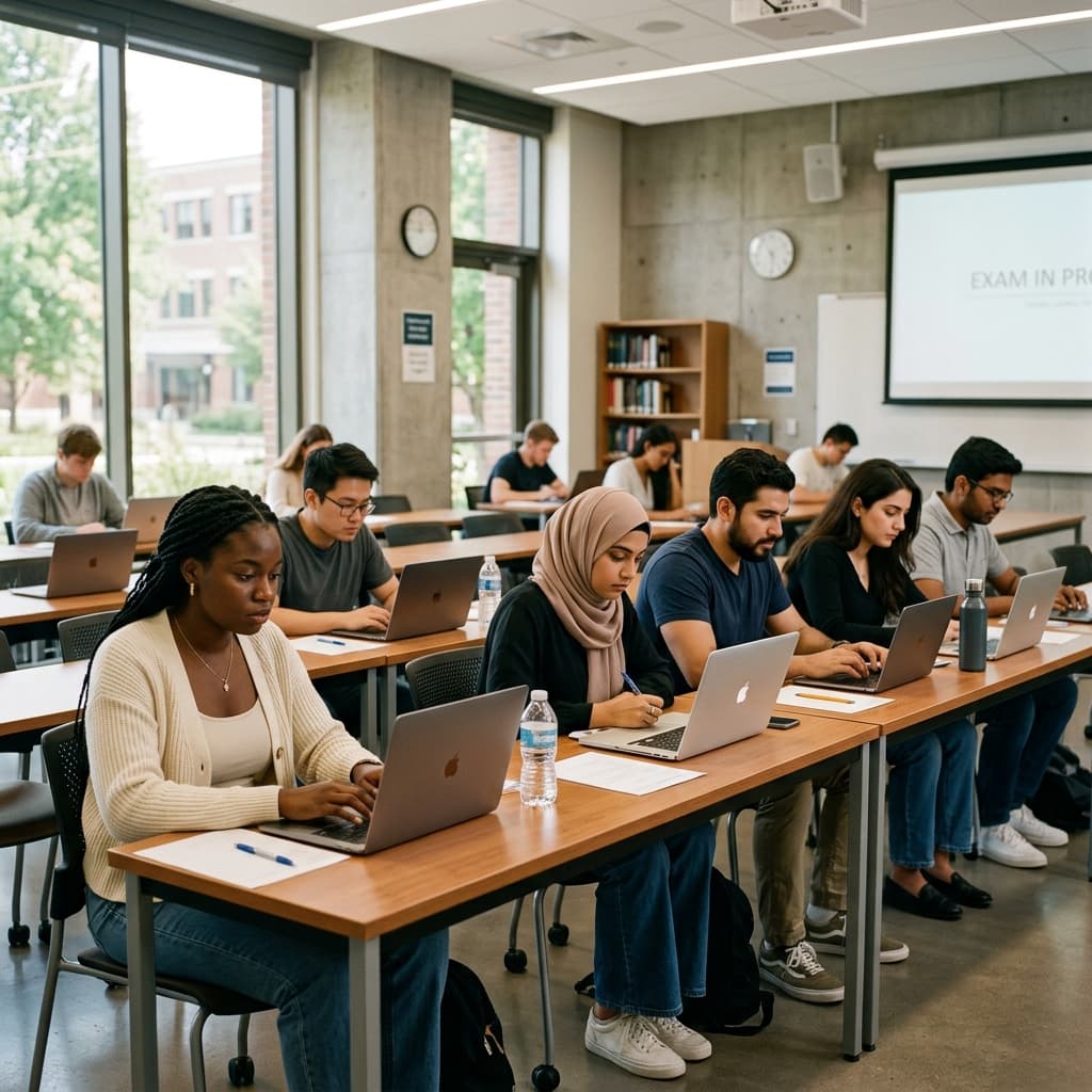 Students taking an IELTS mock exam in a classroom setting